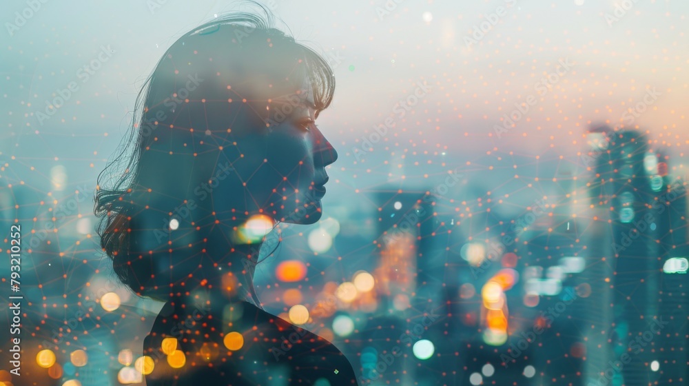 Poster a double exposure image combining a businesswoman with the concept of big data, representing the int