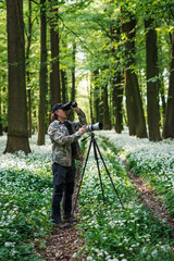 Wildlife photographer is bird watching in forest. Man with binoculars looking for birds in spring woodland