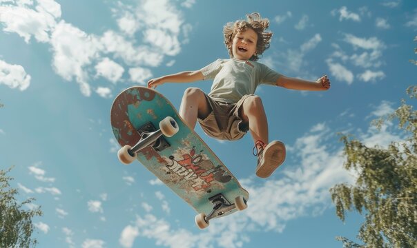 A child boy is jumping with a big skateboard - Powered by Adobe