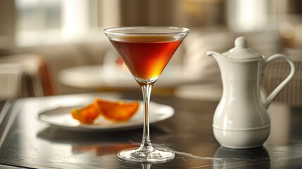  A glass of alcohol sits atop the table, next to a plate bearing an orange slice