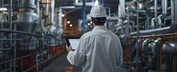 Handsome Engineer in Uniform and Hard Hat Using Tablet Computer at a Car Assembly Plant. Industrial Specialist Working on Vehicle Design. AI generated illustration