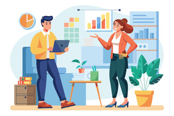 A man and a woman standing in a modern living room, man and woman present jobs in front of the room about the growth of the company, Simple and minimalist flat Vector Illustration