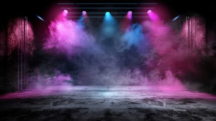 Moody and dark stage featuring a vibrant mix of blue, purple, and pink neon lights, spotlit smoky atmosphere, and asphalt flooring, tailored for displaying products in a studio setting - obrazy, fototapety, plakaty