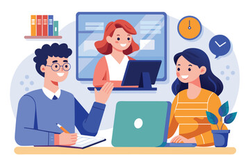 Group of People Sitting Around a Laptop Computer, A woman studying on internet, taking online course, Simple and minimalist flat Vector Illustration