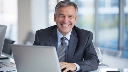 Smiling businessman working on laptop in office