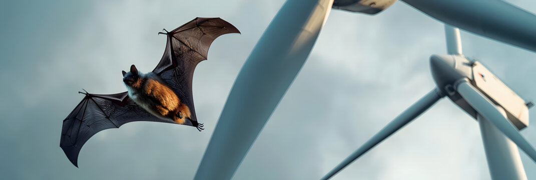 Bat flying torward to a wind turbine