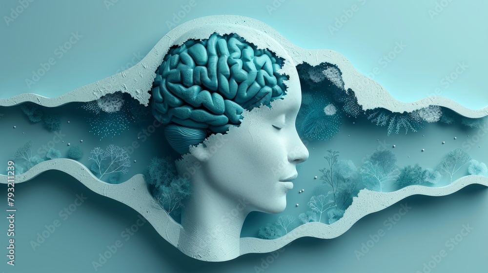 Poster a representation of the brain positioned inside an empty human head shape, casting a shadow, isolate