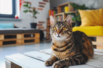 Domestic cat at cozy contemporary apartment living room interior vintage style.