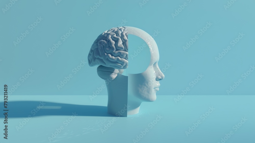 Poster a representation of the brain positioned inside an empty human head shape, casting a shadow, isolate
