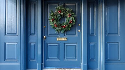 Fototapeta na wymiar A blue front door adorned with a wreath and equipped with a door handle on its side