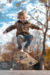 A child boy is jumping with a big skateboard
