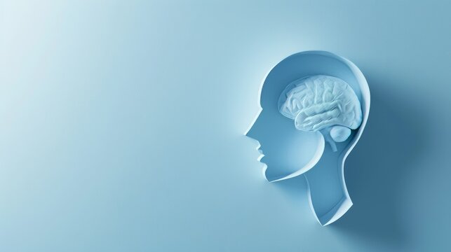 A representation of the brain positioned inside an empty human head shape, casting a shadow, isolated on a blue background.