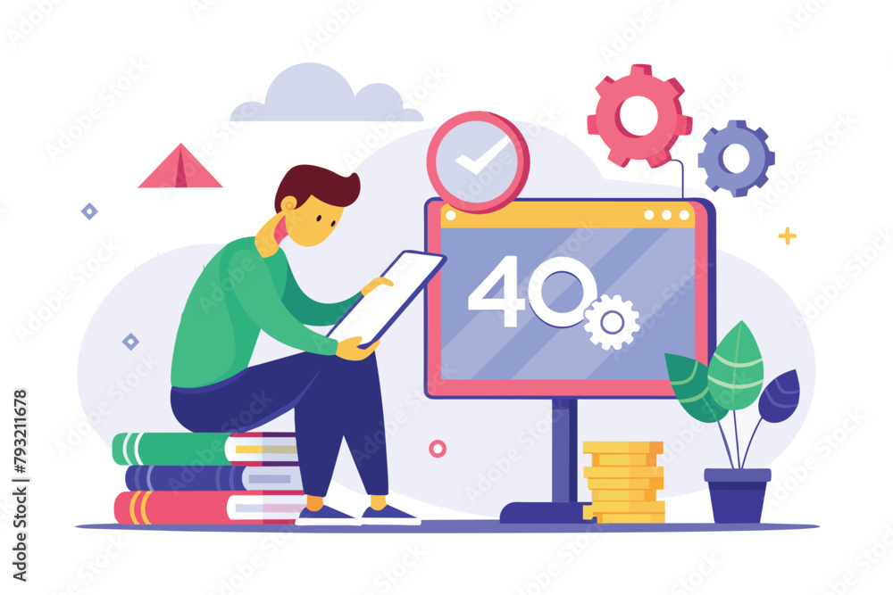 Poster a man is seated on a stack of books beside a computer screen, man at work fixing 404 not found, simp