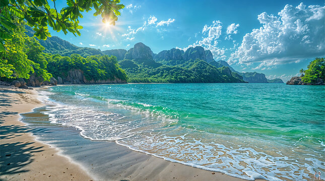 Idyllic summer beach with emerald waters, framed by lush mountains under a sunlit sky. Ideal fortravel promotional materials, environmental conservation themes, inspirational wall art or calendars.