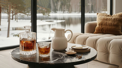   A table holds a pitcher of tea and two glasses, positioned in front of a window The scenic view outside showcases a tranquil lake