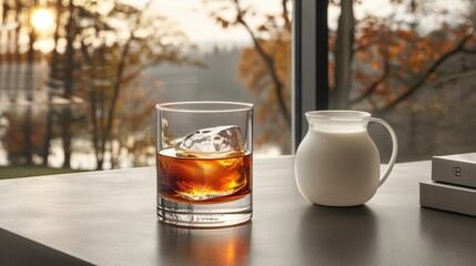   A pitcher of milk and a glass of whiskey on the table, overlooking a tree through the window