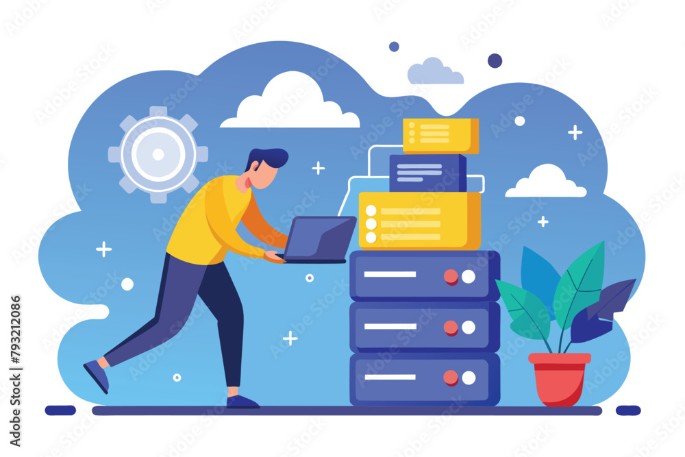 Poster a man is pushing a stack of files onto a laptop, symbolizing digital file organization, man backups 