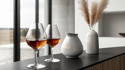   Two wine glasses atop a counter, nearby are a vase and a flower-filled one