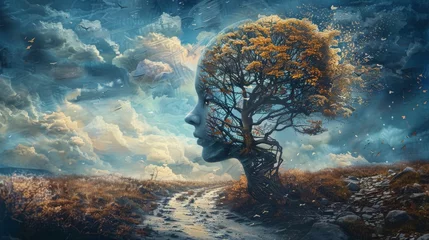 Fotobehang A surreal 3D illustration portraying the concept of brain, mind, way, soul, and hope, depicted through mystery artwork and imagination painting, representing the idea of success. © Elchin Abilov