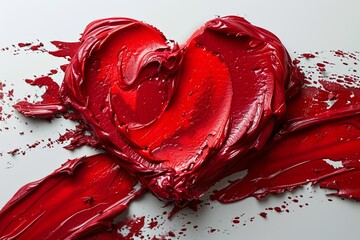 Abstract background of red lipstick in the shape of a heart, representing beauty and femininity with a creamy texture.