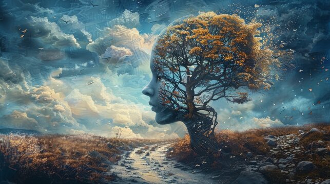 A surreal 3D illustration portraying the concept of brain, mind, way, soul, and hope, depicted through mystery artwork and imagination painting, representing the idea of success.