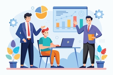 Man Coaching Businessmen Around Laptop, A manager coach explaining statistics to businessmen, trending, Simple and minimalist flat Vector Illustration