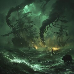 Transform a traditional maritime landscape into a nightmarish panorama through a low-angle view that distorts reality Picture a storm-tossed sea populated with grotesque sea creatures and ominous ghos - obrazy, fototapety, plakaty