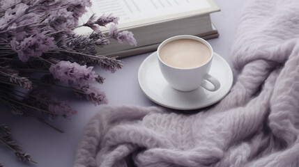 Cozy composition with coffee cup, book, flowers and knitted blanket in lavender color. Relaxing...