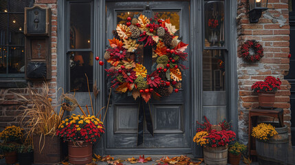 Fototapeta na wymiar A wreath adorns the front door, featuring fall foliage and potted plants before it