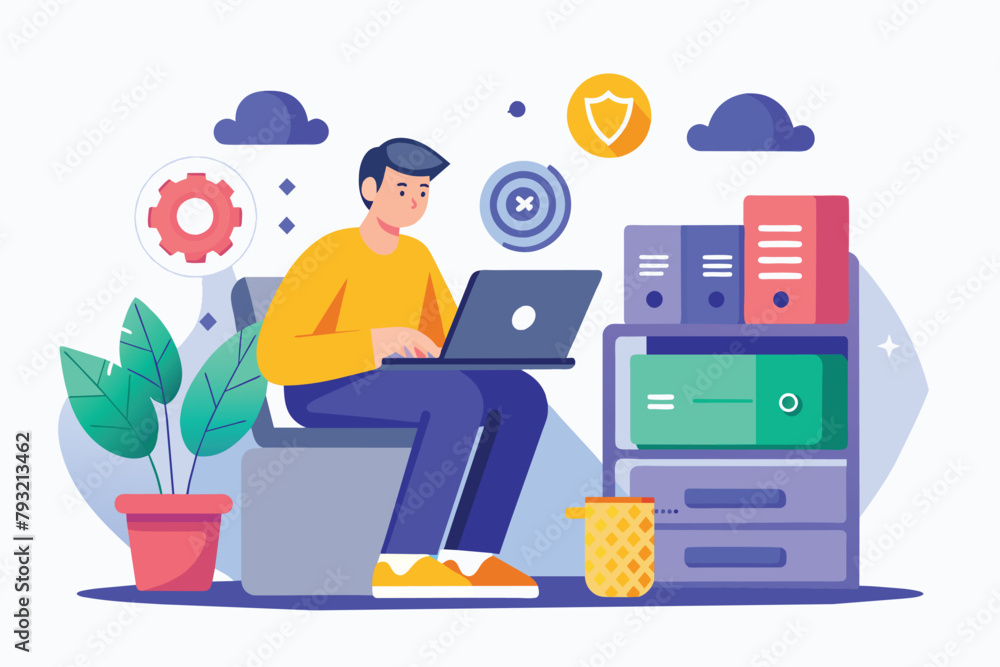 Poster a man is seated in front of a laptop, focused on performing a storage backup task, man doing storage