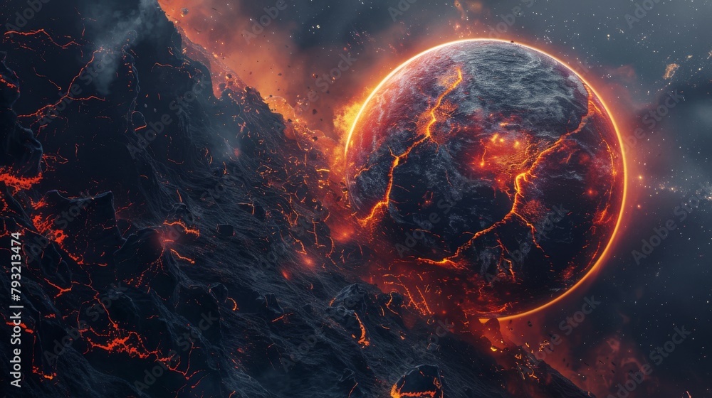 Poster an abstract depiction of a planet with extensive cracks and lava in space, serving as a 3d concept f