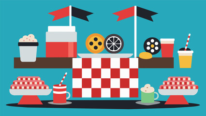 A refreshment table decorated with checkered flags and serving up treats like spokepops and tire tread cookies.