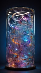 Mesmerizing dance of colorful smoke captured within clear cylindrical glass container, illuminating dark surroundings with ethereal glow. Vibrant hues of blue, purple, orange intertwine.