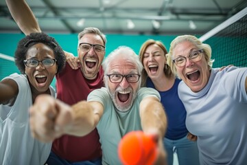 Portrait of happy senior people playing table tennis together at sport club