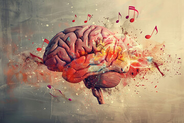 Abstract image of a human brain and musical notes. The influence of music on the human brain. Generated by artificial intelligence