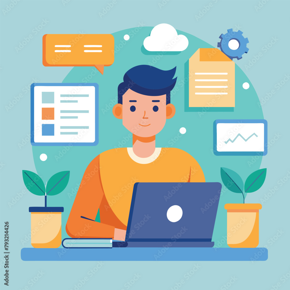 Poster a man sitting in front of a laptop computer, focused on doing online assignments, man in front of co