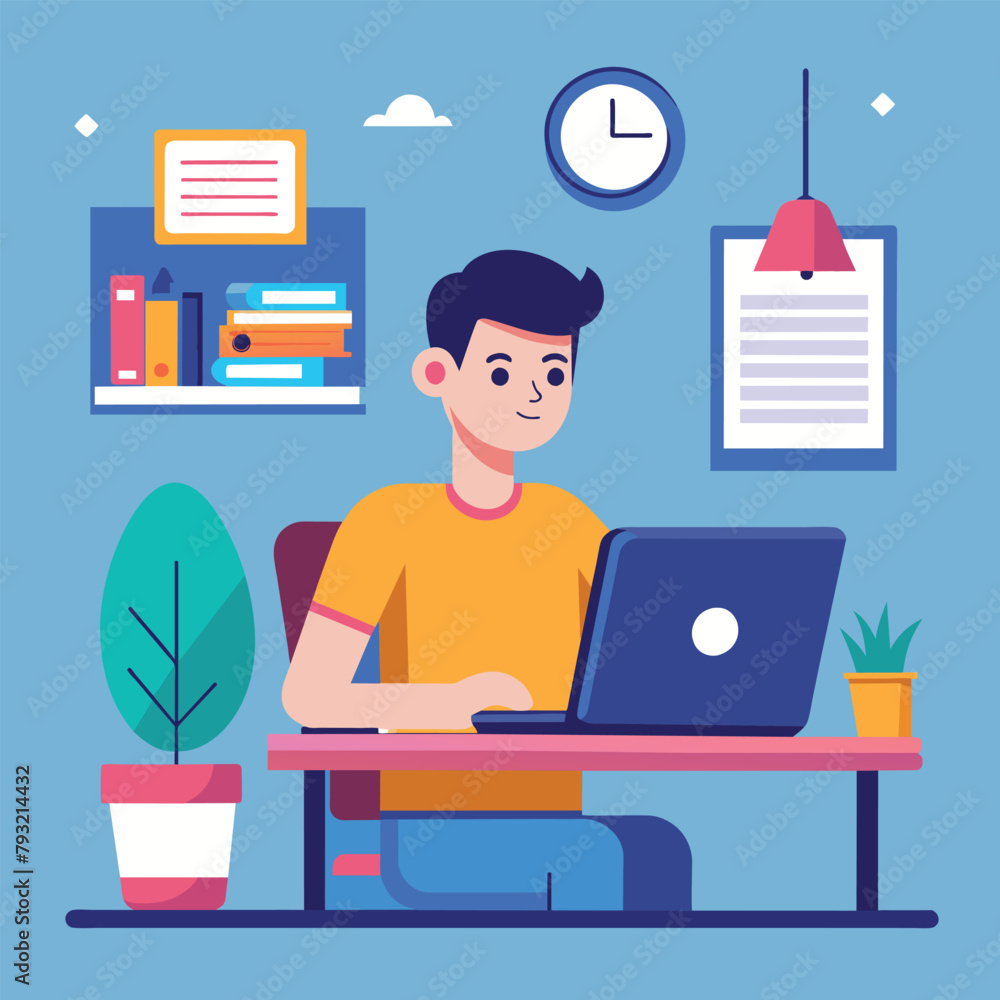 Poster a man focusing on his laptop, working diligently at his desk to complete assignments online, man in 