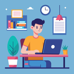 Naklejka premium A man focusing on his laptop, working diligently at his desk to complete assignments online, man in front of computer doing assignments online learning, Simple and minimalist flat Vector Illustration
