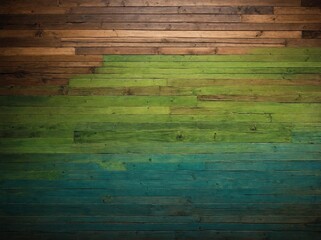 Gradient of colors transforms wooden wall, beginning with natural brown hue of wood at top, gradually changing into shades of green, finally culminating in deep teal at bottom.