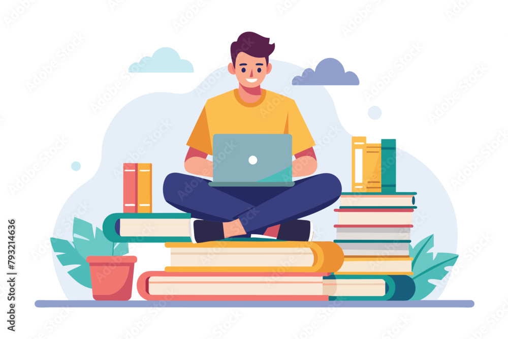 Poster a man sits on a stack of books with a laptop in front of him, man in front of laptop sitting on stac