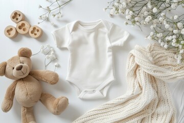 Blank gender neutral newborn bodysuit template mock up with teddy bear and eco-friendly wooden toys