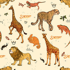 Naklejka premium Pattern of african animals. Lion, cheetah, elephant, giraffe, antelope, rhino, zebra, lemur. Palm and banana leaves. For printing, card, clothes, icon, logo