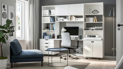 Modern minimalist study area in living room with comfortable blue chaise and organized desk space