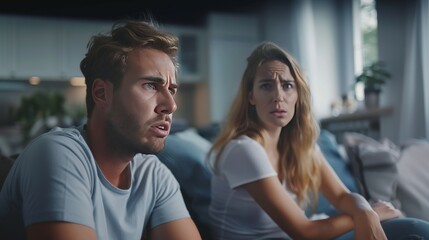 An unhappy couple sitting on a couch at home after an argument, expressing frustration and anger towards each other, particularly the woman feeling stressed and upset by her boyfriend's actions.