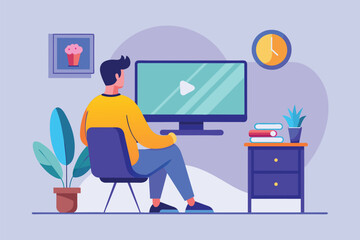 A man is focused on his computer screen while sitting at a desk in an office setting, man is playing a video on the TV screen, Simple and minimalist flat Vector Illustration
