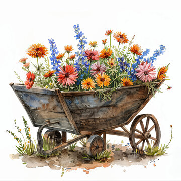Watercolor clipart featuring wildflower blossoms in a cart wheelbarrow on a white background. Ideal for rustic-themed designs and botanical illustrations.
