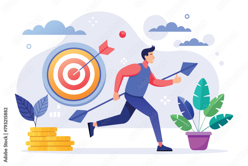 Poster a man is energetically sprinting towards a stack of coins with a dart in the center, man is pursuing