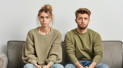 Fototapeta premium Image of a resentful guy and girl, portraying an arguing couple not speaking to each other while sitting on a couch at home, isolated over a white background.