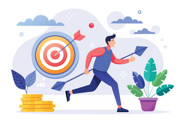 A man is energetically sprinting towards a stack of coins with a dart in the center, man is pursuing the target of investing money, Simple and minimalist flat Vector Illustration