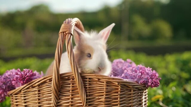 Cute little baby rabbit in wicker basket on nature background. Easter bunny symbol with lilac flowers bouquet.